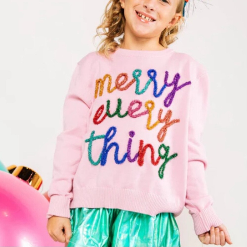 ❤️Queen of Sparkles kids xxs 4-5y  Pink Sweater with Colorful 'Merry Everything'